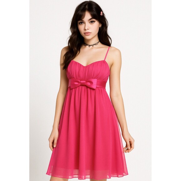 Ruby Rox Pink Chiffon Dress Bow Empire Waist Y2K Style Size M Party Prom - Picture 1 of 14